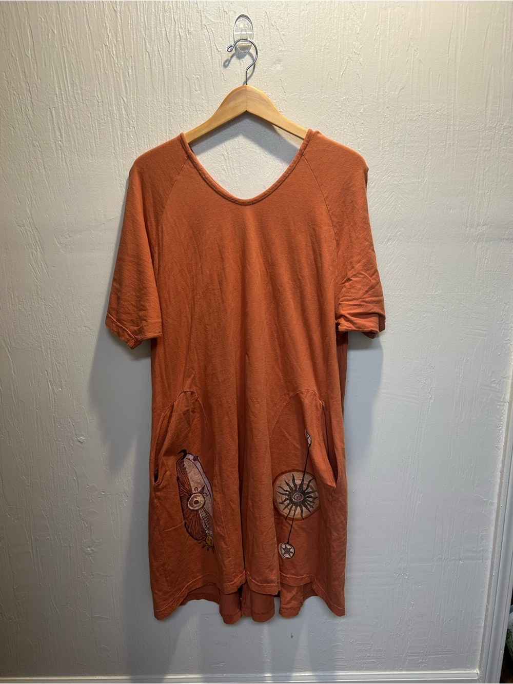 Vintage Y2K Blue Fish Dress Organic Cotton Hand Painted Lagenlook Artsy OOAK